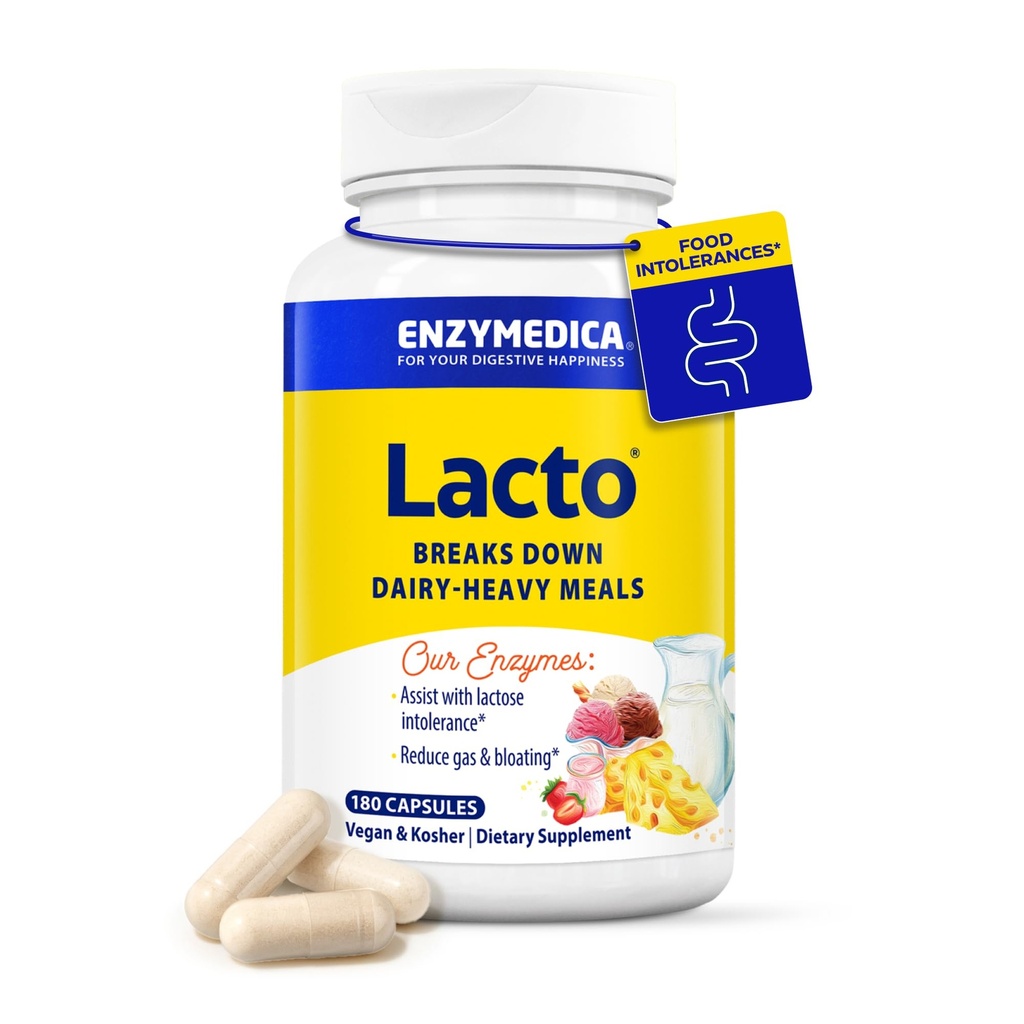 Enzymedica Lacto, Advanced Lactase Pills for Dairy Support, Hjelper Break Down Lactose, Casein & Fat, Dairy Relief Pills, Vegan, 180 Kapsler
