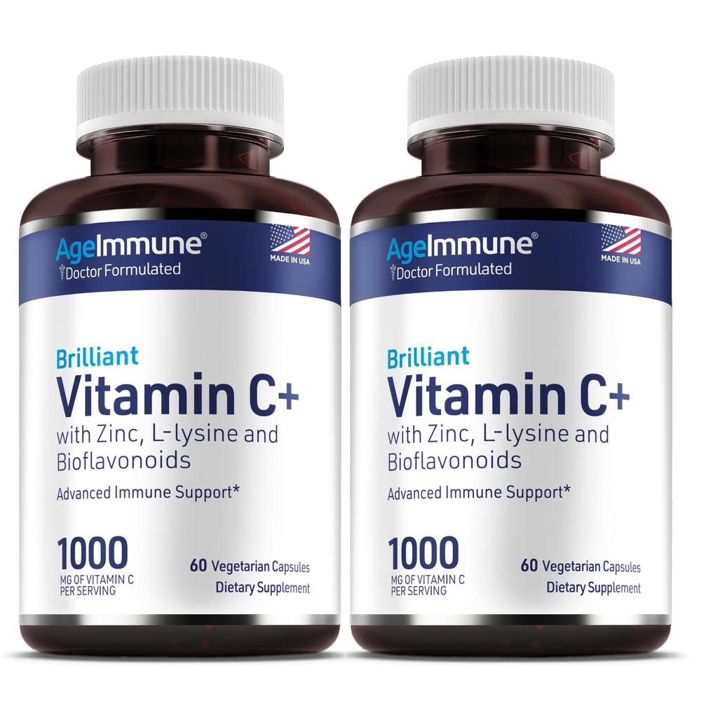 C-vitamin 1000mg kompleks med L-Lysine 500mg, sink gluconate 12mg, Bioflavonoider 300mg. Doctor formulerte magnesiumstearate gratis kosttilskudd for sunn immunsystem støtte. To flasker.(2)