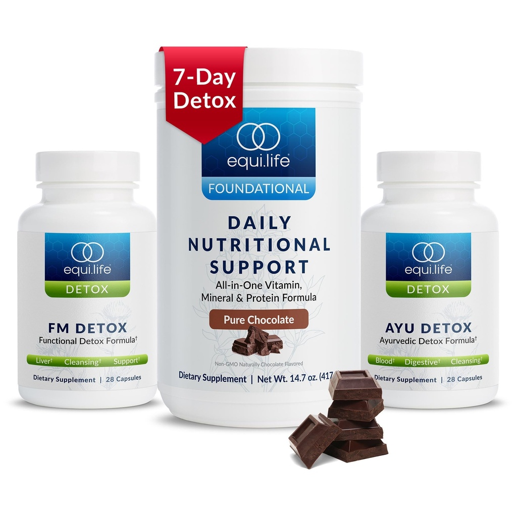 Equilife Dr. Cabral Detox, 7 dagers program med plantebasert protein, vitaminer, aminosyrer, og mineraler for å støtte full kroppsbalanse, måltidserstatning pulver, vegansk, glutenfri, sjokolade, 14 serveringer