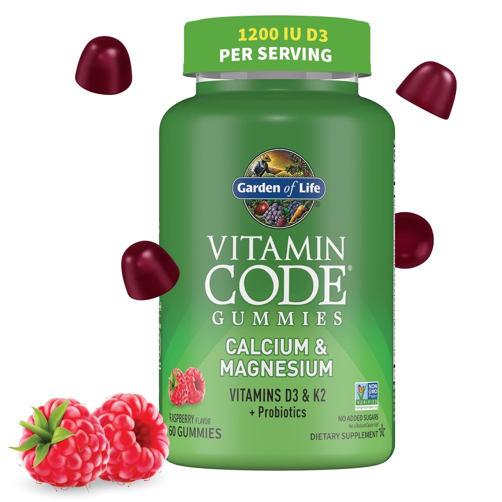 Garden of Life Vitamin Code Kalsium Magnesium Gummies med D3 & K2, støtter bein helse & bein styrke + Prebiotika og probiotika for digestiv støtte, ikke-GMO, Glutenfri, 60 bringebær Gummies