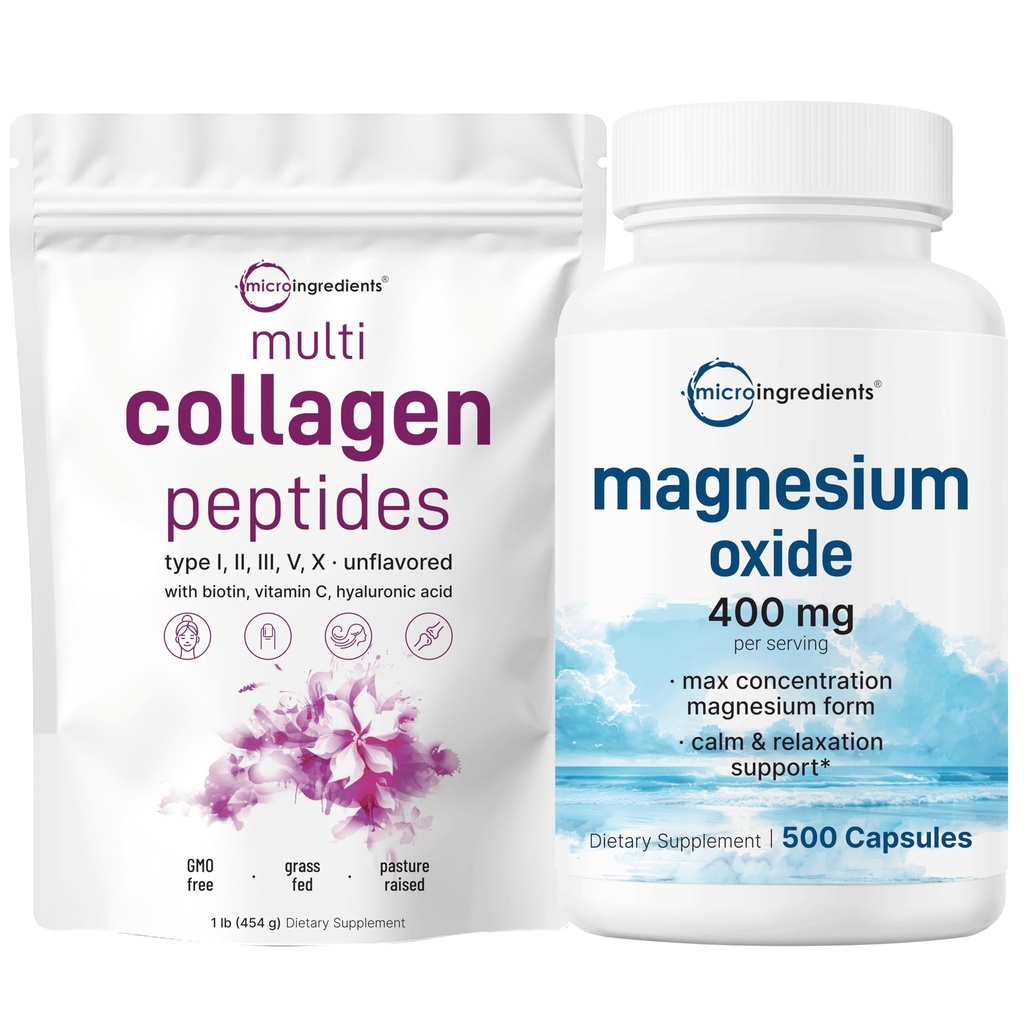 Mikroingredienser Multi collagen Protein pulver 16oz & magnesiumoksid 400mg Bundle Pack | Grass-Fed Collage Peptides | Elemental Form for Maks konsentrasjon