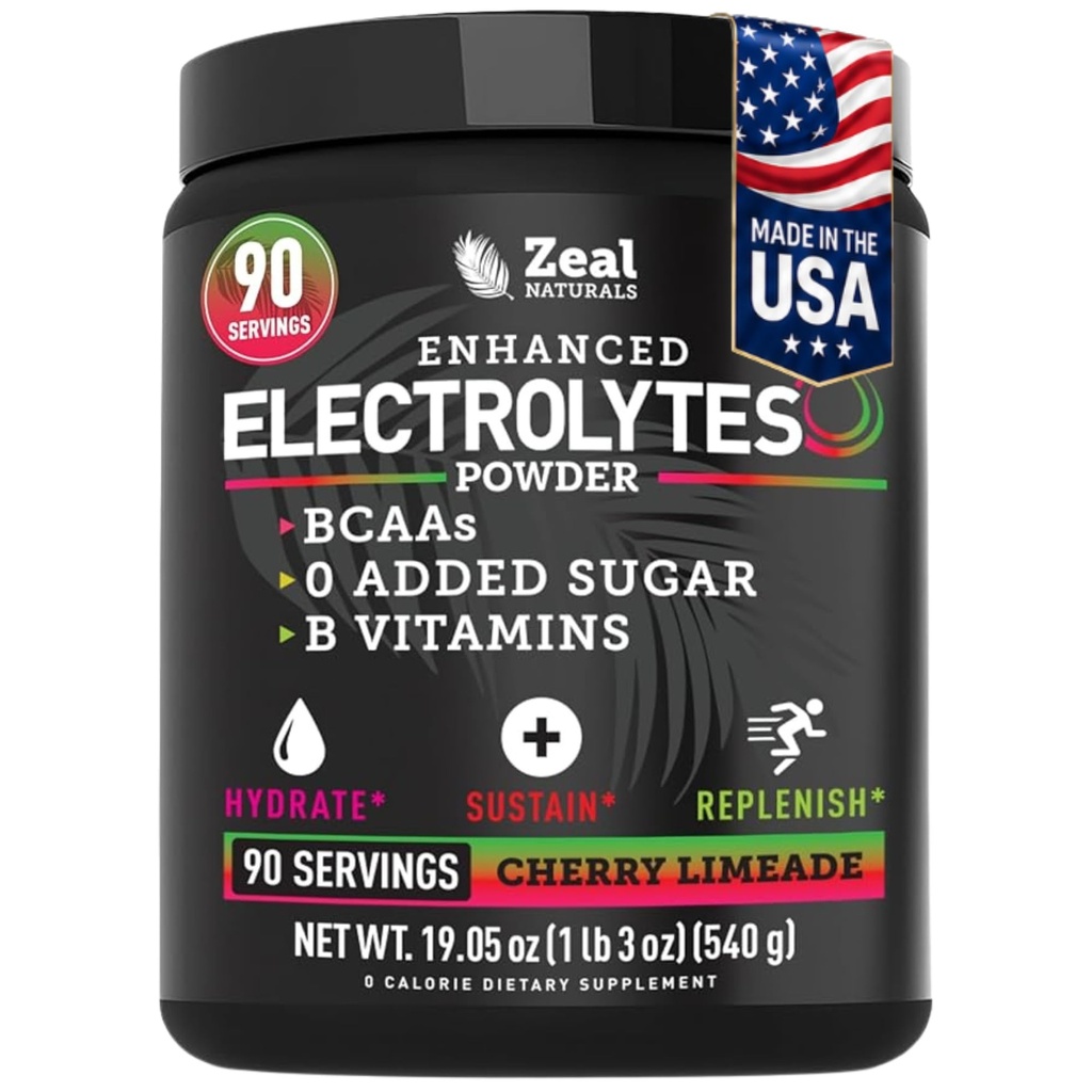 Zeal Naturals Electrolyte Powder Recovery Drink (90 Serveringer Cherry Limeade) w 0 Sukker + BCAA + B-vitaminer Electrolyte Supplement w Kalium Zink & Magnesium for Hydration - Keto Electrolytes