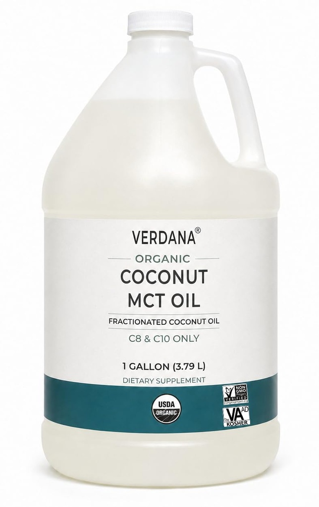 Verdana USDA Certified Organic Coconut MCT Oil –Fraksjonert kokosolje – Ingen Palm Kernel brukt – Kosher, Mat Grade, Ikke-GMO – Flott for Keto og Paleo Dietter – 1Gallon