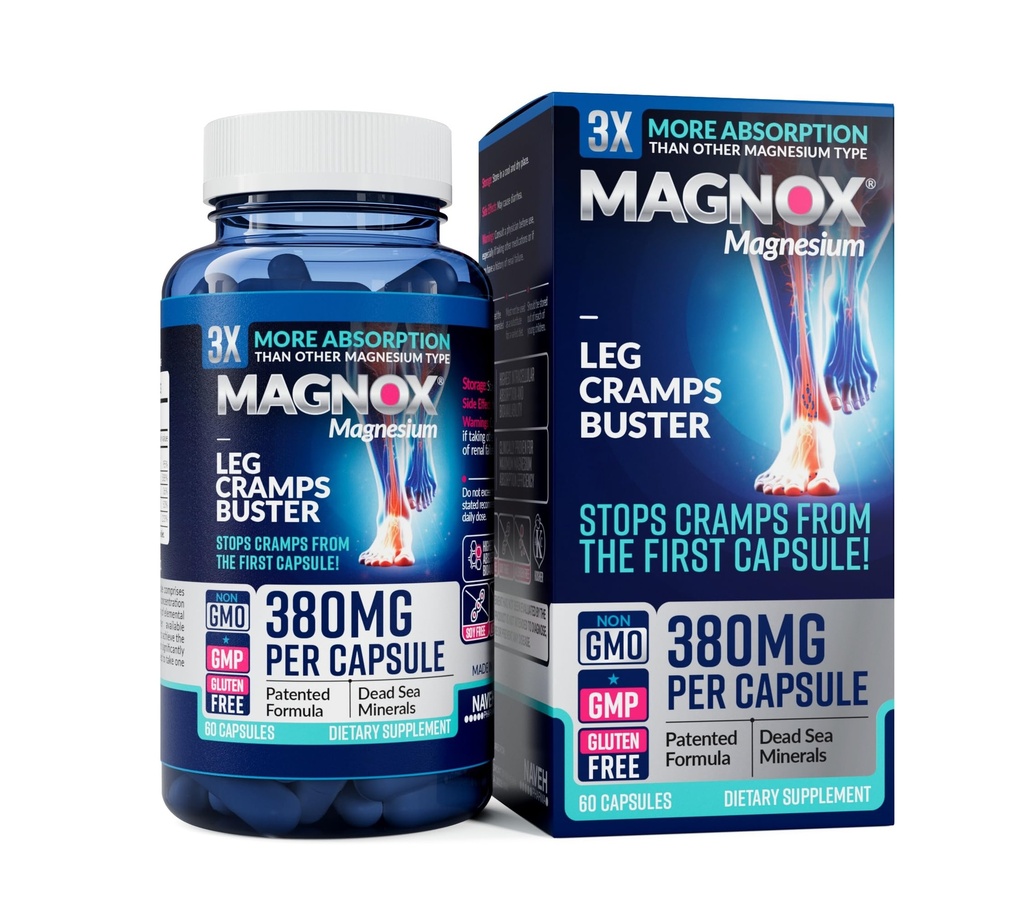 MAGNOX® Benkramper Buster ® 380 mg Magnesium for benkramper om natten | Magnesium Supplement for muskelspasmer | 3X Mer Absorpsjon | Dødehavsmineraler | Søvn og muskel | 60 Caps