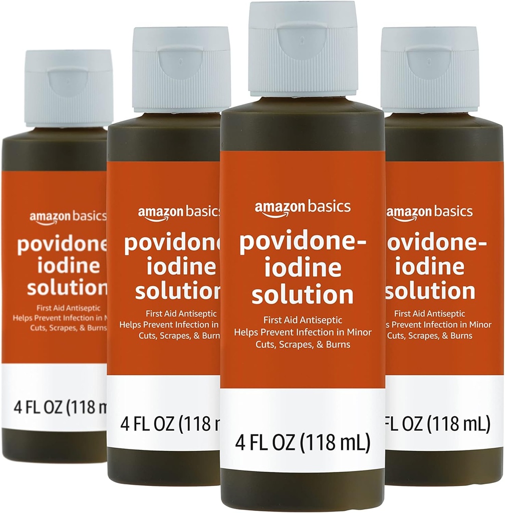 Grunnleggende Førstehjelp Antiseptisk, 10% Povidon Iodin løsning, 4 Fluid Ounces, 4-Pack (tidligere Solimo)