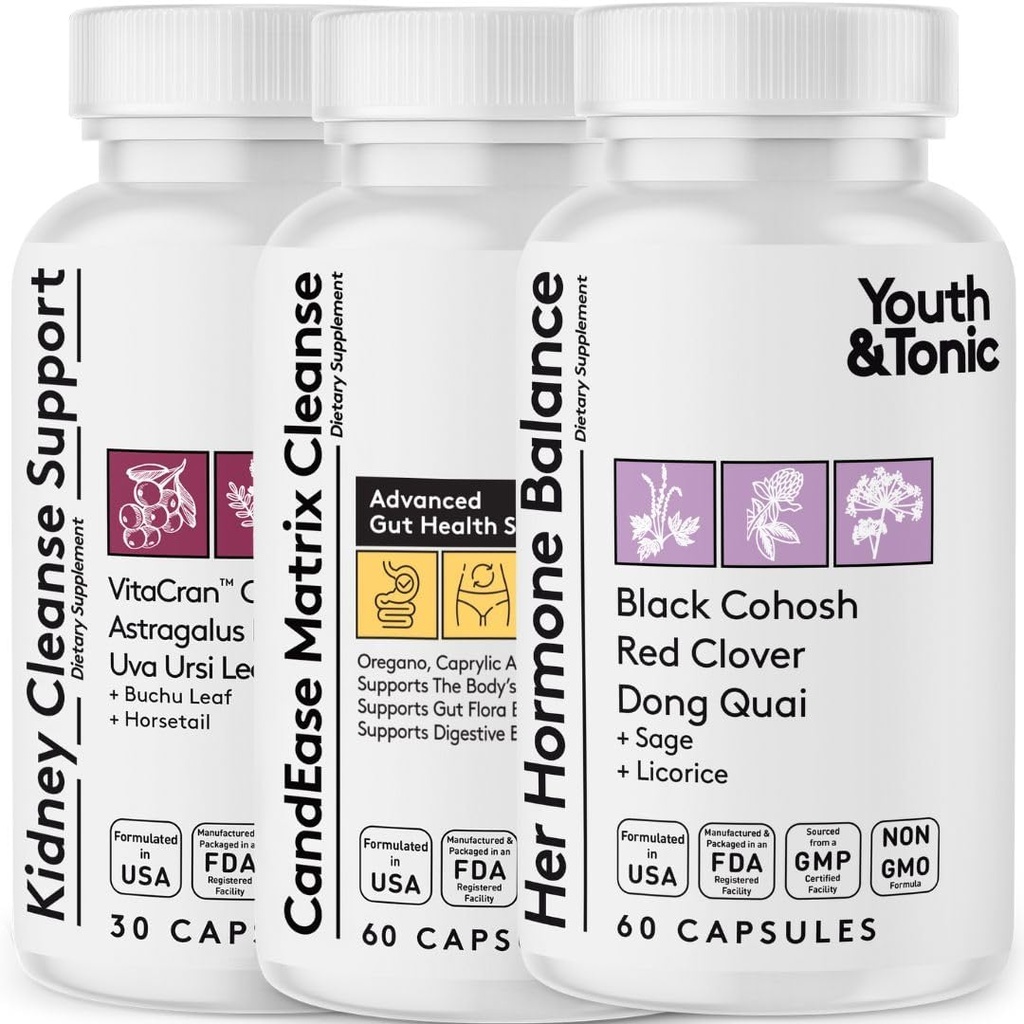 Hormon Balance & Candease Matrise & Nurnal Cleanse Bundle 3 Pack for kvinne | Kvinne alle stadier Hormonal & Digestive Imbalance Support