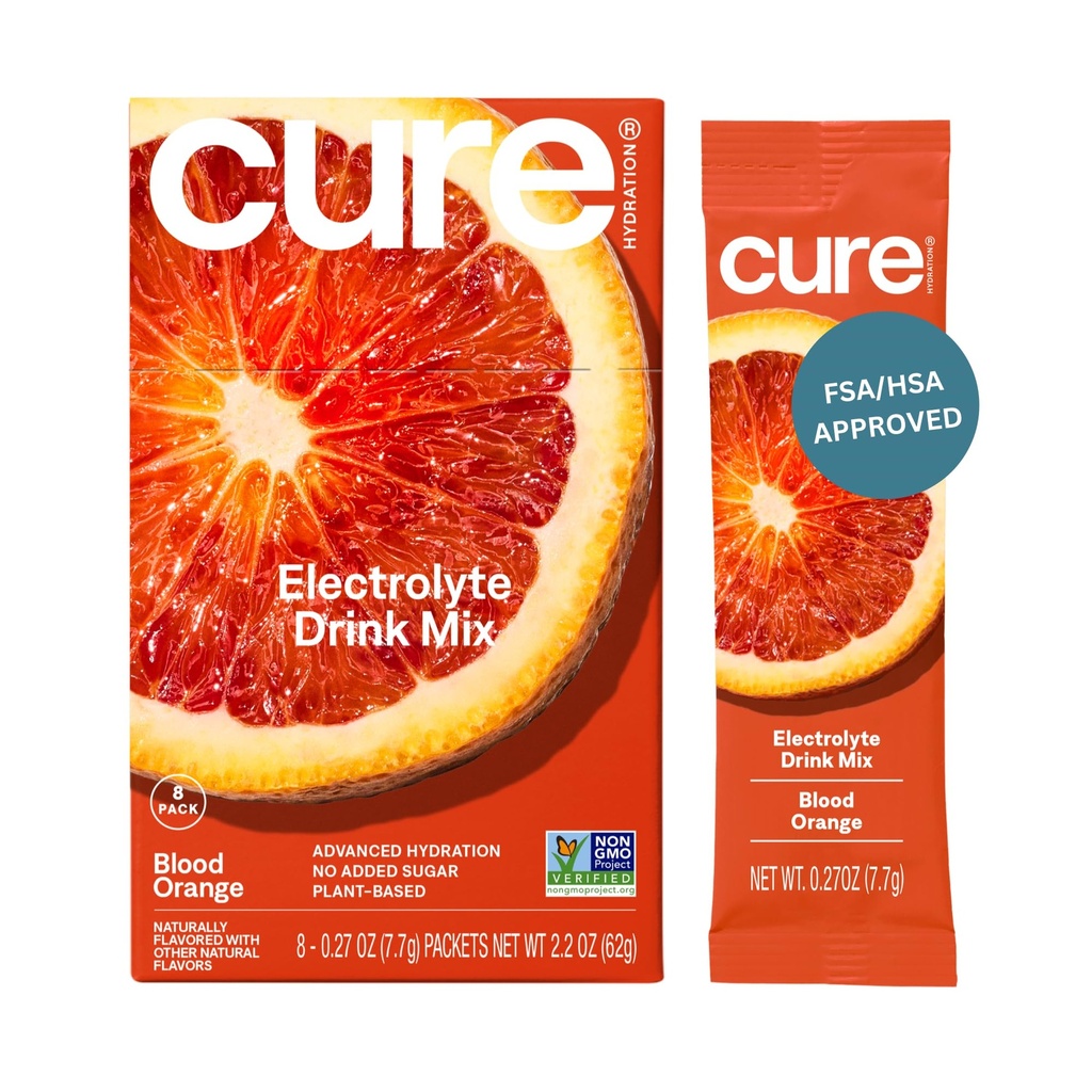 Cure Hydration | Plant-basert elektrolyt drikk blanding | Nei tilsatt sukker | Dehydrering Relief pulver laget med kokosvann | Ikke-GMO | Vegansk | Box med 8 pakker - blod oransje