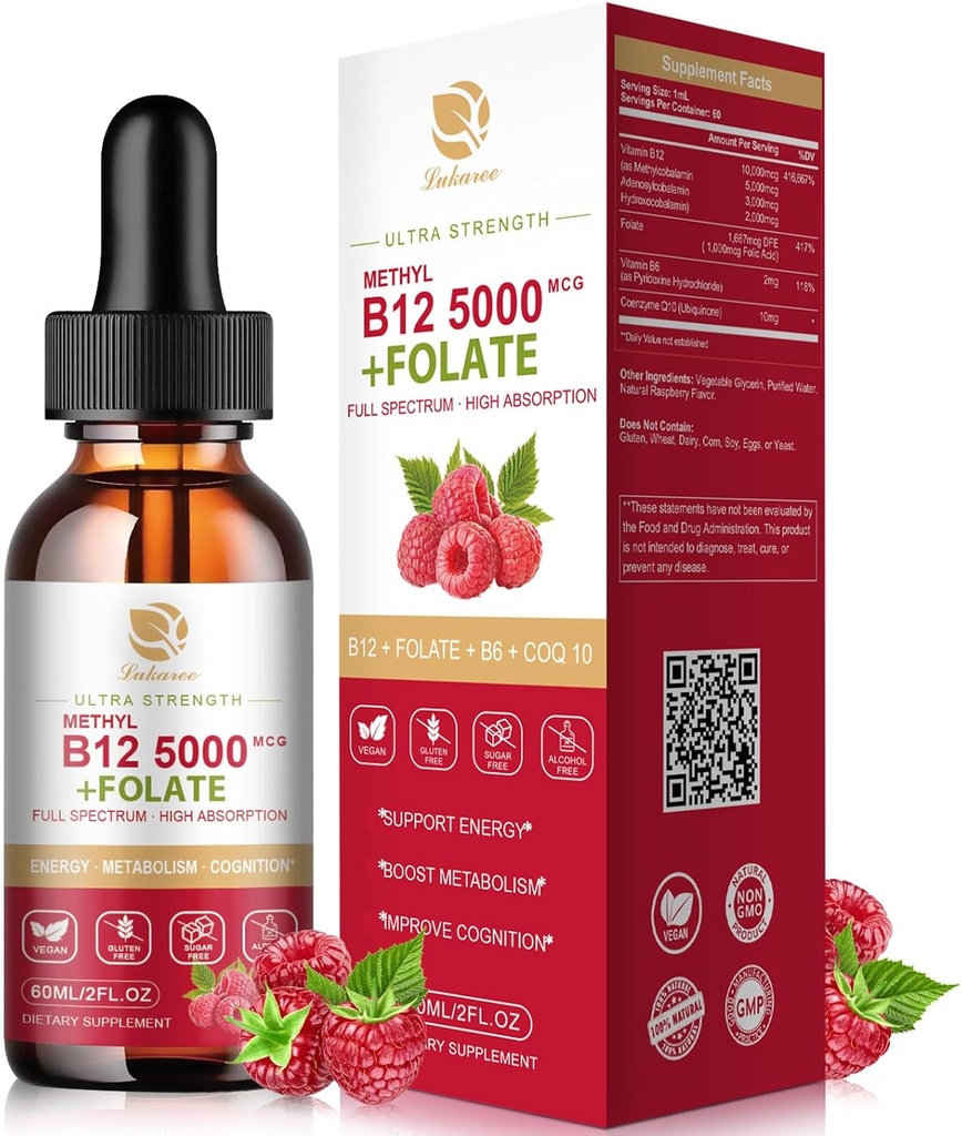 Lukaree vitamin B12 Sublingual Dråper Vegan B12 Vitaminer Flytende-Full Spectrum-Metylkobalamin, Adenosyl & Hydroxy B12, for energi, fokus, Mood & Immune Support- 2 måneders forsyning, 2 fl oz