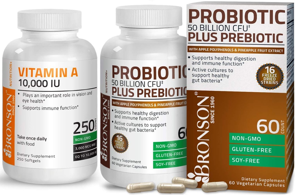 Bronson Probiotic 50 milliarder CFU + Prebiotic med Apple Polyphenoler & Pineapple Fruit Extract + vitamin A 10 000 IU Premium Non-GMO Formula