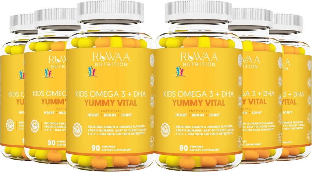 RUWAA NUTRITION Kids Omega 3 Gummies DHA EPA Omega 3 Supplement Kids. Ingen fiskeolje ettersmak Vegansk Omega 3 6 9 + DHA Gummies & vitamin C. Kognitiv helse, fokus, visjon. Barn Omega 3 540ct (6)