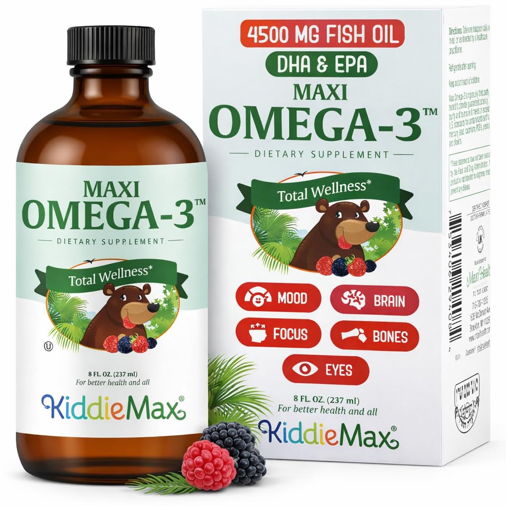 Maxi Helse Omega 3 For Kids Supplement - Kosher Omega 3 Kids Fiskeolje væske med DHA & EPA - flytende fiskeolje Supplement med fruktig Burst Flavor å støtte Mood, Hjerne, Fokus, Bein og øyne (8 oz)