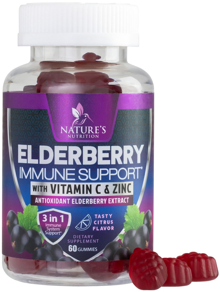 Immunstøtte Gummies - Sambucus Elderberry Gummy med eldre Berry ekstrakt, sink og vitamin C, Naturlig vegansk immun støtte Supplement for voksne og barn, Gummy Elderberry vitaminer - 60 Gummies