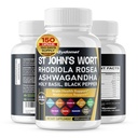 St. John's Wort Rhodiola Rosea Ashwagandha Holy Basil Valerian Kamille Black Pepper - 150 Kapsler-laget i USA