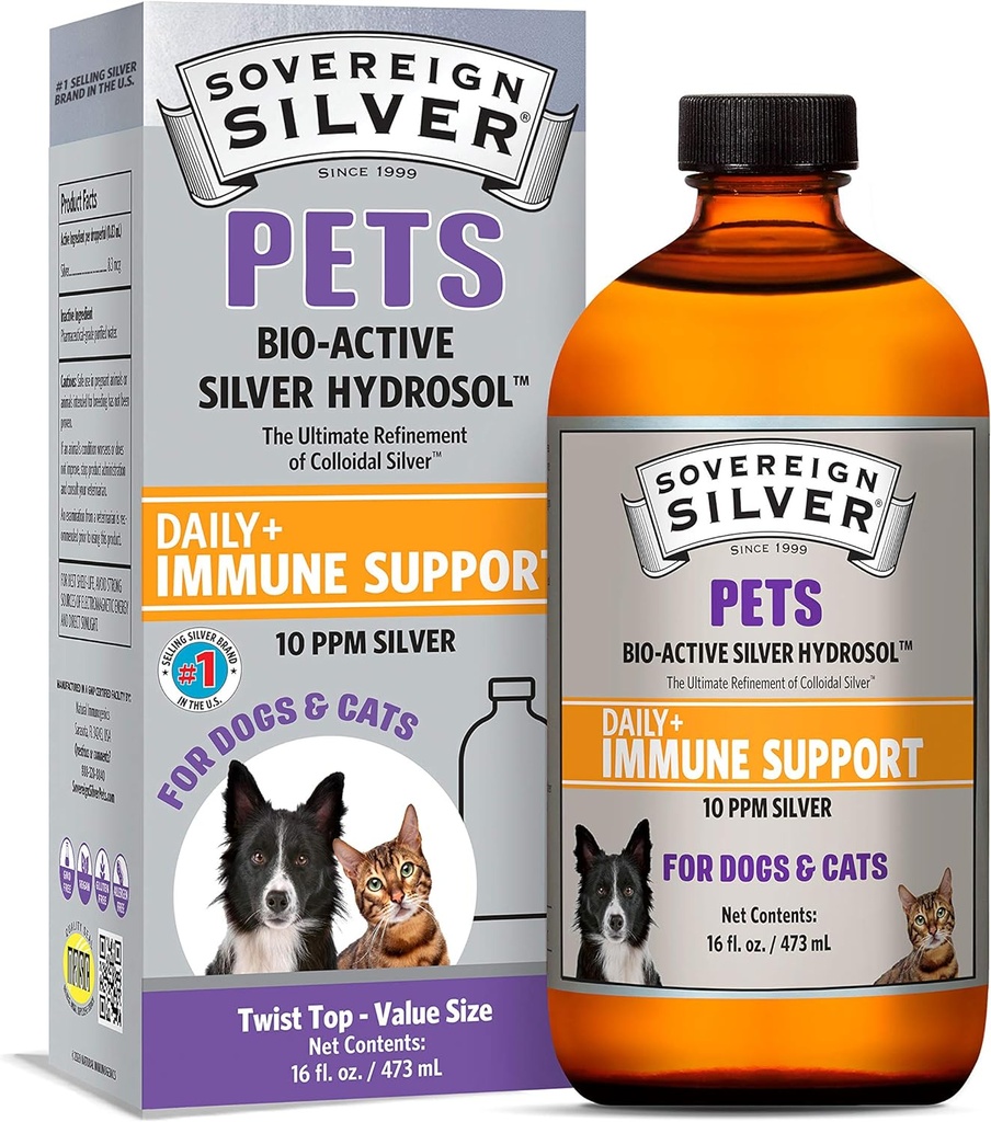 Suverene Silver Pets Immune Support - Colloidal Silver, Bio-Active Silver Hydrosol, for hunder og katter, 10 ppm, Flytende Twist Top, 16 Fl Oz, (473 ml)