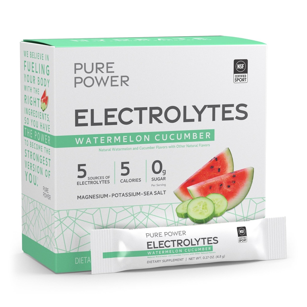 Pure Power Electrolytes, Watermelon Cucumber Flavor, 5.13 oz (145,6 g), 30 Serveringer (30 Pakninger), 5 kalorier og 0 g Sukker Per Serving, Ikke-GMO, NSF sertifisert for Sport, Dr. Mercola