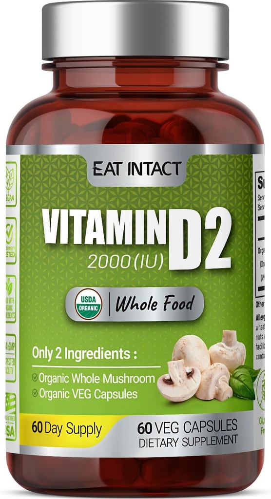 Vegansk Hele maten vitamin D, 2000 IU (50 mcg), D2, To ingredienser (organisk hele moshroom og organisk vegansk kapsel), ikke-GMO, tredjeparts testet, 60 dagers forsyning