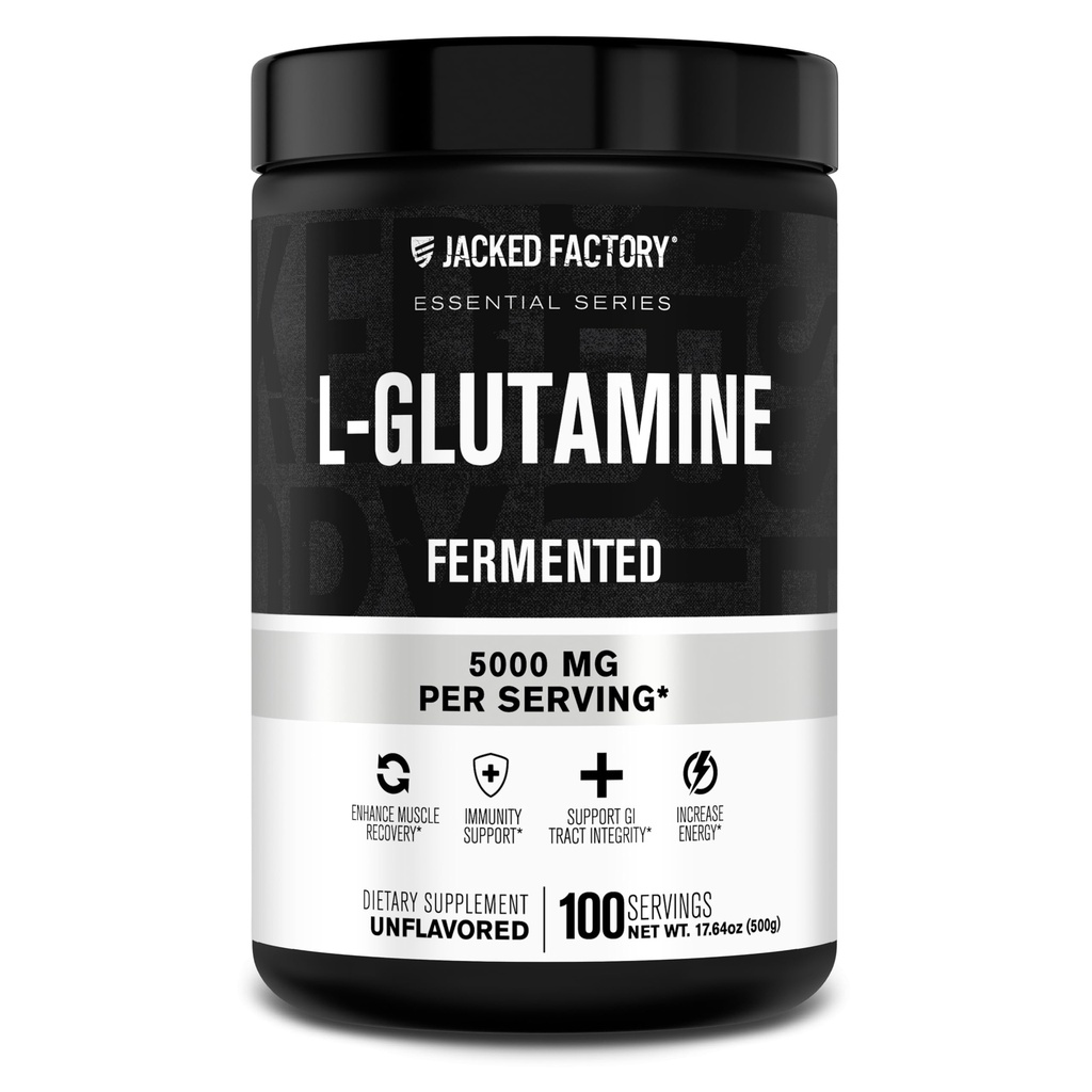 Jacked Factory L-Glutamine pulver 100 serveringer - Vegansk Fermentert L Glutamin Supplement for post trening muskel gjenoppretting, immunitet, Digestiv helse | Ingen kunstig filler - ikke-slavorert