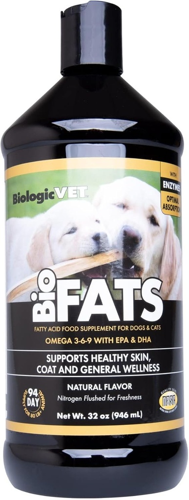 BiologicalVET BioFAT - Inneholder Omega 3, 6 & 9 - med EPA, DHA & ALA - for hund og katt - Hud og felles helsestøtte - Inkluderer fisk, flaxfrø og olivenolje - 32 fl. oz.