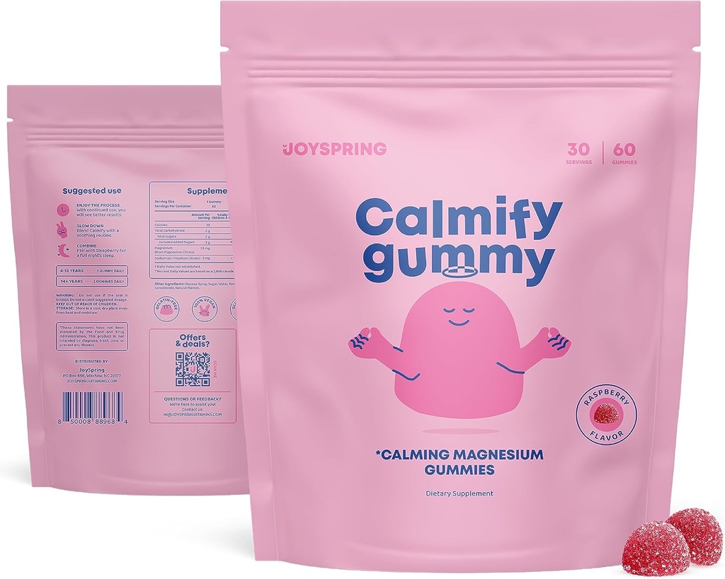 JoySpring Kids Magnesium Gummies - Calm Gummies for barn - Calm Magnesium Support Naturlig for Todlere & Tenåringer Tastig Lav Sukker beroligende 60 Count