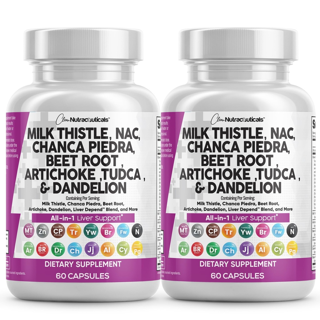 Rene Nutraceuticals Melk Thistle NAC Chanca Piedra Beet Root Artichoke Dandelion Root - Liver Cleanse Supplement Plus TUDCA Choline & Ginger - 2Pack