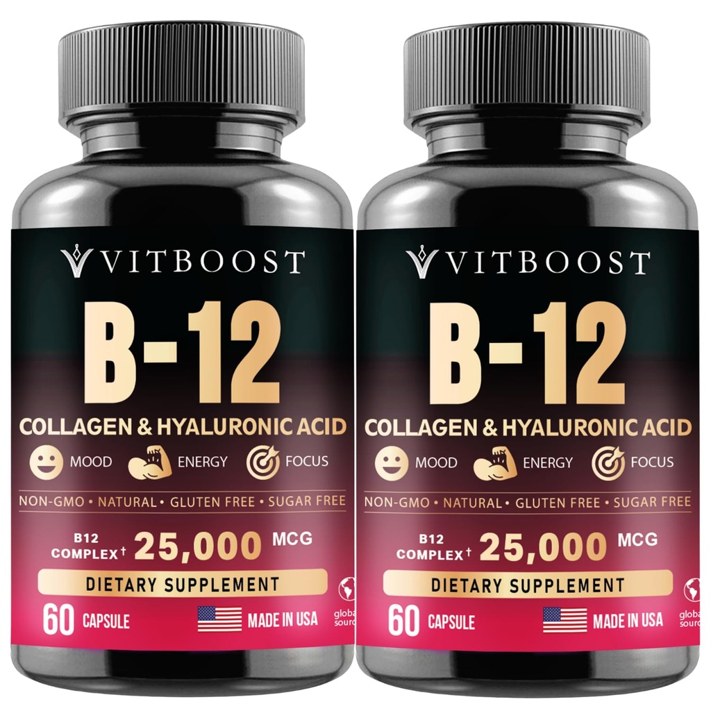 B12 Metylkobalamin med hyaluronsyre, kollagen og folat – 25000 mg Supplement Forbedre absorpsjon og økt energi | Glutenfri, laget i USA, B1, B2, B3, B6, B7 Kompleks - Pakke med 2