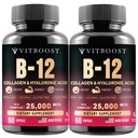 B12 Metylkobalamin med hyaluronsyre, kollagen og folat – 25000 mg Supplement Forbedre absorpsjon og økt energi | Glutenfri, laget i USA, B1, B2, B3, B6, B7 Kompleks - Pakke med 2