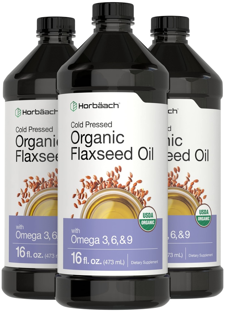 Horbäach Organic Flaxfrø Olje | 3 Pack | 16 fl oz Hver | kaldt presset | med Omega 3, 6, 9 | vegetarian, ikke-GMO, Glutenfri væske