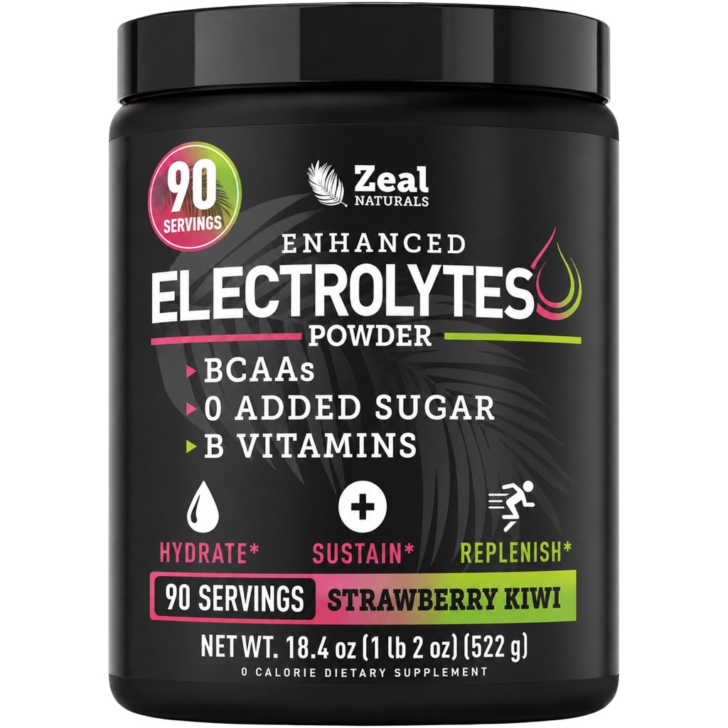 Zeal Naturals Electrolyte Powder Recovery Drink (90 serveringer | Strawberry Kiwi) w 0 Sukker + BCAA + B-Vitamins Electrolyte Supplement w Kalium Zink & Magnesium for Hydration - Keto Electrolytes