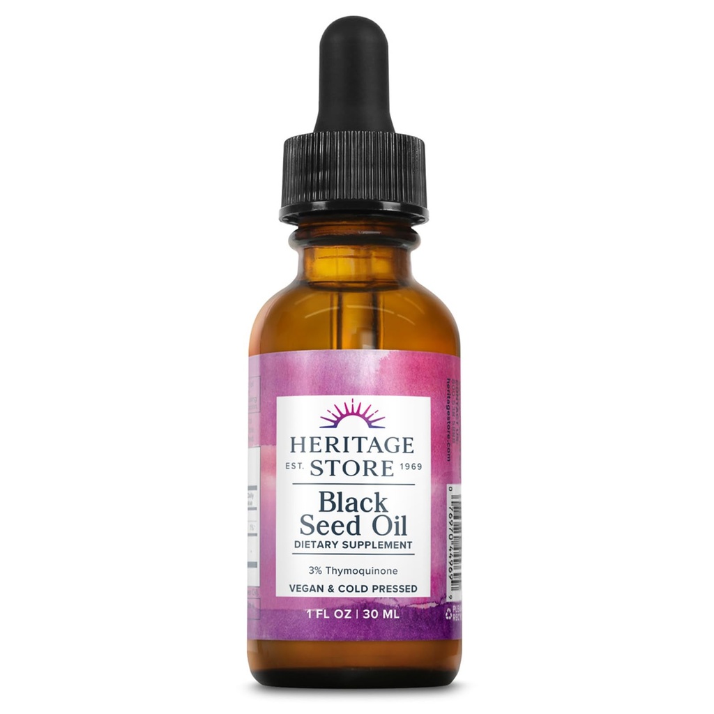 HERITAGE Black Seed Oil w/ 3% Tymoquinon, Omega 6 9 - Nigela Sativa flytende olje, kalt presset fra sorte frø, ledd, digestion og immunstøtte, Vegan, 60-dagers garanti, 30 Serv, 1 fl oz