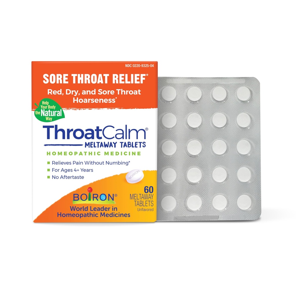 Boiron ThroatCalm Tabletter for smertelindring fra rødt, tørr, Scratchy, Sore Throats og Hoarseness - 60 greve