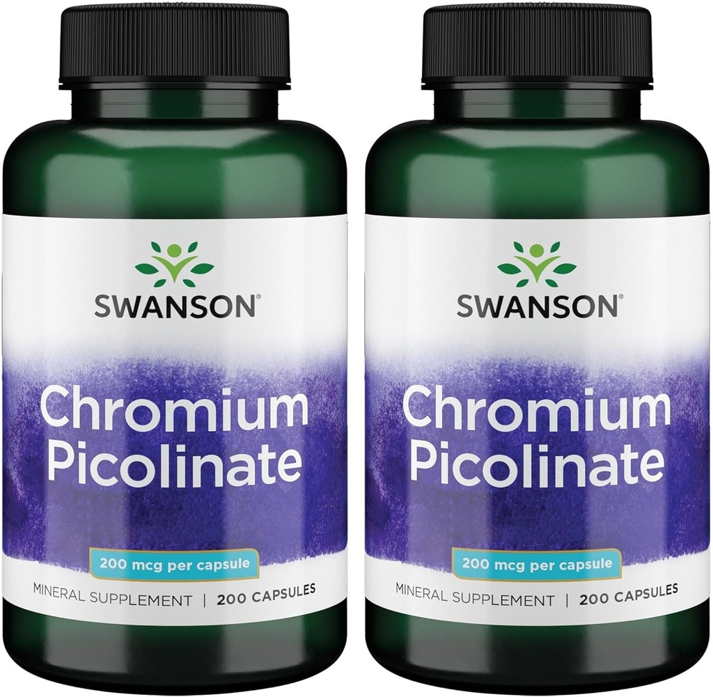 Swanson Chromium Picolinat - naturlig kosttilskudd for å fremme metabolisme og vektkontroll - støtter sunne blodsukkernivå allerede i normal rekkevidde - (200 kapsler, 200mcg hver) 2 pakke