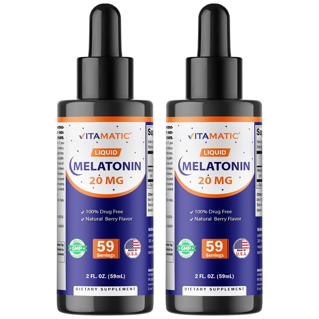 Vitamatic 2-Pack Melatonin 20mg flytende dråper - 2 fl oz (59 ml) Hver - Naturlig Berry Flavor - Ikke-GMO, Vegetarisk Supplement for voksne