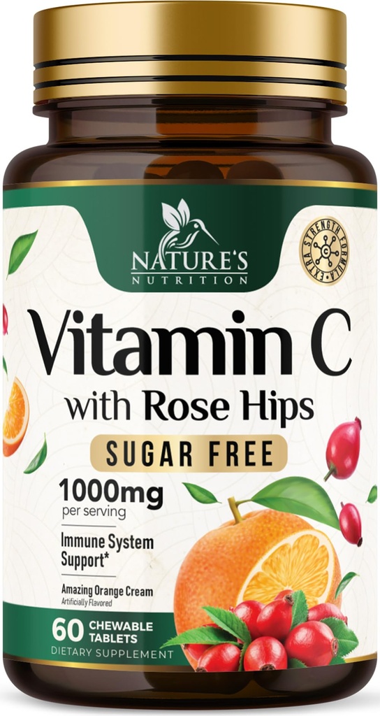 C-vitamin Chewable 1000mg - Ekstra styrke antioksidanter for kraftig immunstøtte m/Vitamin C & Rose HIPS - Potent Dietary VIT C Chews Supplement, naturlig oransje flavor, Vegansk, ikke-GMO - 60 tabletter