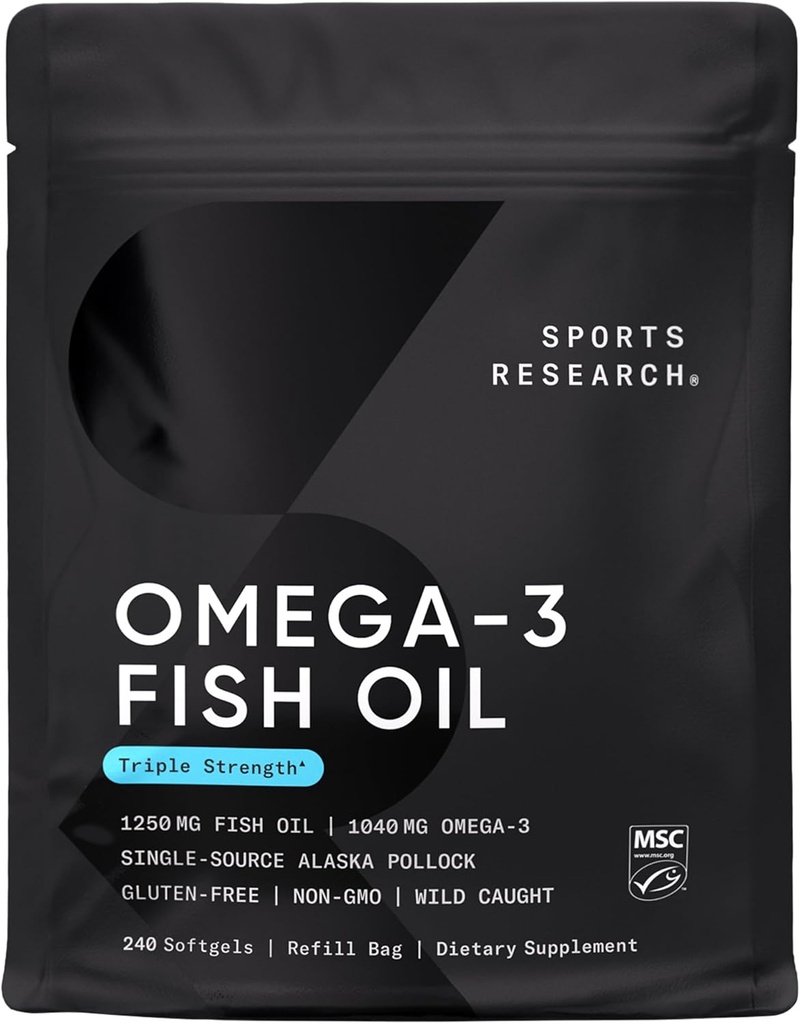 Idrettsforskning Triple Styrke Omega 3 Fiskeolje - Burpless Fish Oil Supplement w/EPA & DHA fettsyrer fra Wild Alaskan Pollock - hjerte, hjerne og immun støtte for menn og kvinner - 1250 mg, 240 ct