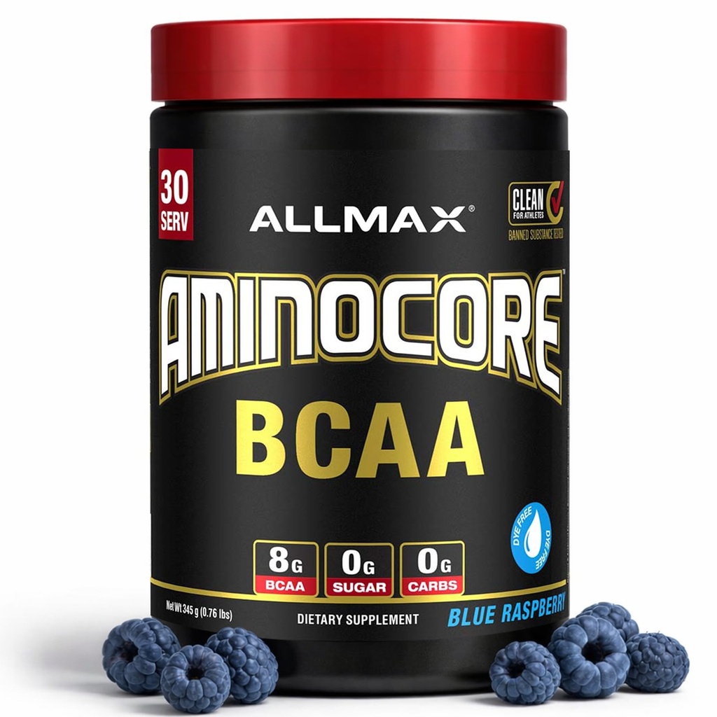 ALLMAX Ernæring Aminocore BCAA – 8G BCAA – 100% ren gren kjedede aminosyrer – Glutenfri - Blå bringebær - 315 Gram
