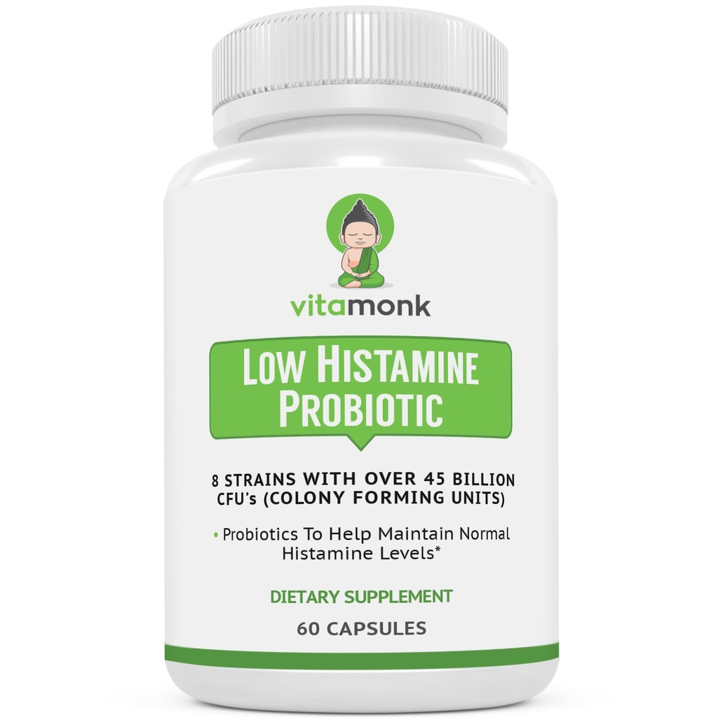 VitaMonk Lav Histamin Probiotika Bekjempe Histamin Intolerance og støtte Balanced Gut Helse - Histamin Gratis Probiotika for dem som søker helseforbedringer med Histamine kontroll -60 Kapsler