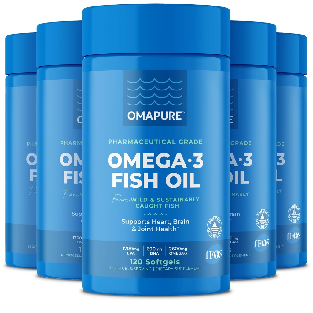 Fiskeolje Supplements med Omega 3 fettsyrer (5 flasker, 120 mygggels) - høy EPA, DHA, & IFOS fiskeolje piller støtte hjerte og felles helse - Burpless Fish Oil fremmer hjernefunksjon