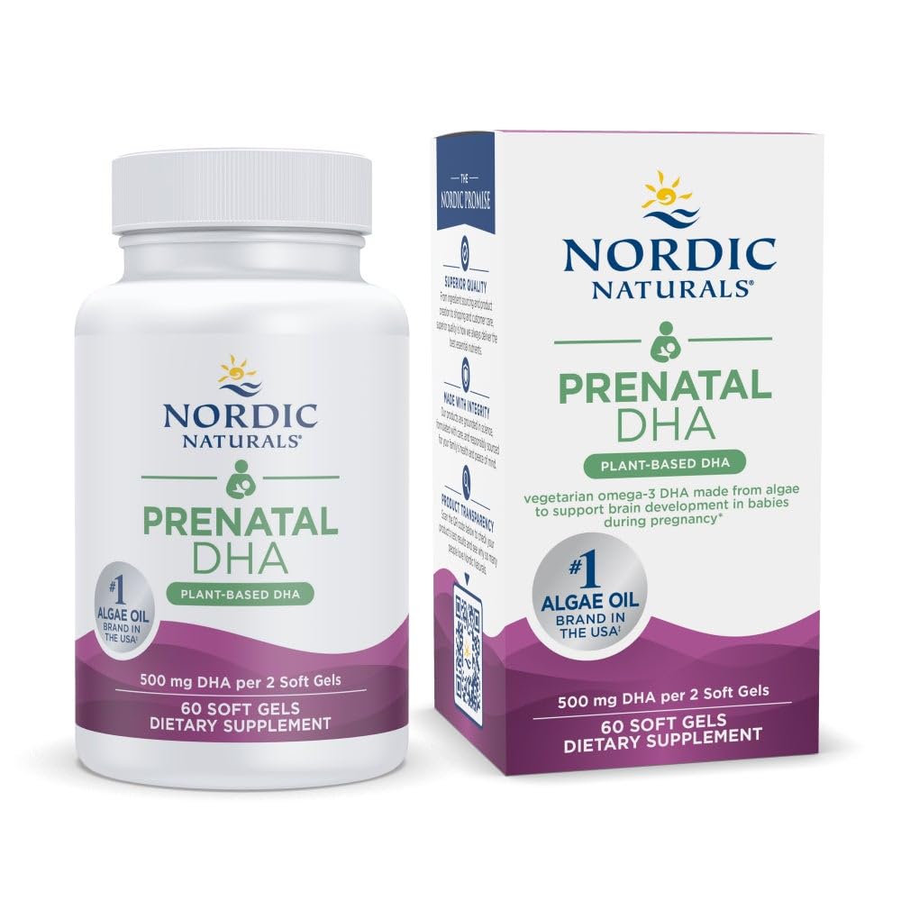 Nordic Naturals Vegansk Prenatal DHA, Unflavored - 60 Soft Gels - 500 mg Plantebasert DHA - støtter hjernens utvikling i babyer og sunn graviditet - Non-GMO - 30 Services