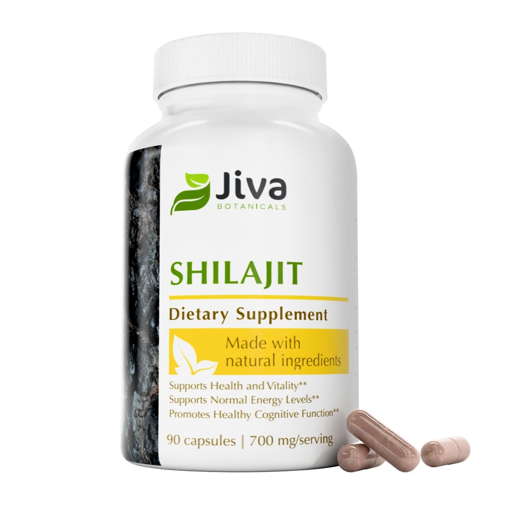 Jiva Botanicals Shilajit Capsules 700 mg – Shilajit Extract with Fulvic Acid – Shilajit Supplement for menn og kvinner – 90 Vegan Capsules for daglig helse - 90 greve (pakke med 1)