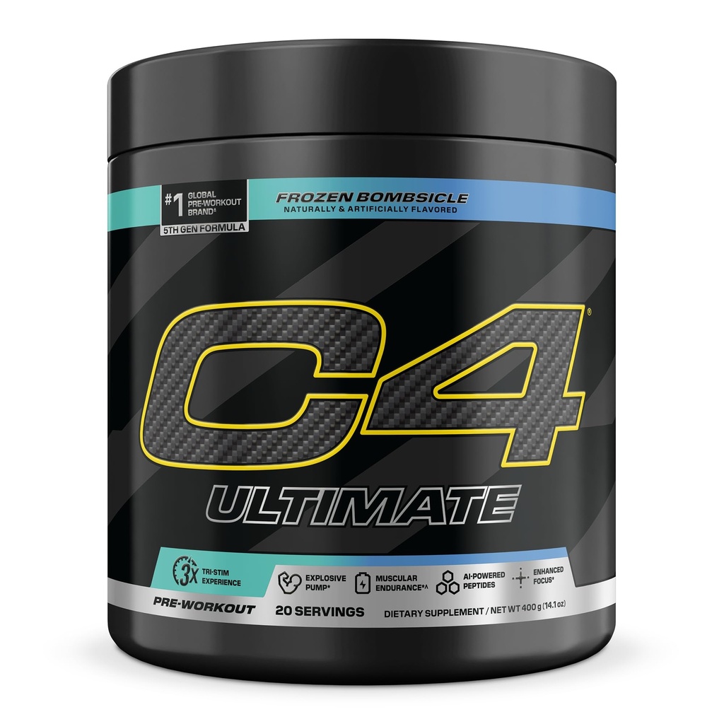 C4 Ultimate Pre Workout pulver - sukker gratis preworkout energi Supplement for menn og kvinner - 300mg koffein + teaCrine + dynamin + kreatin - frossen bombsikkel, 20 serveringer