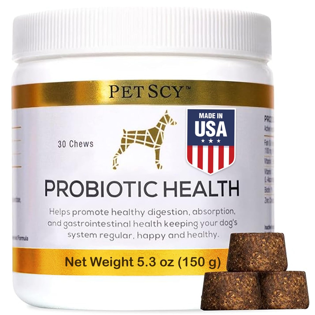 PetScy - Probiotiske Chews for hunder, probiotiske for hunder i alle aldre, størrelser og avl med prebiotiske fiber og ren omega-3 | forbedrer huden, coat og gut helse, 30 Chews