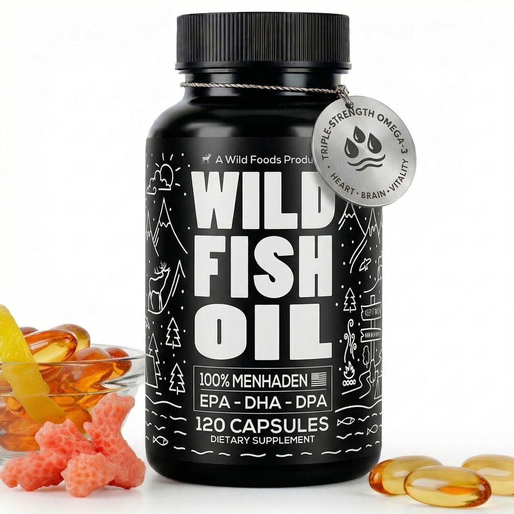 Wild Foods Omega 3 Fish Oil Supplement, 120 Kapsler (1 stk) Wild Caught, Burpless, Odorless, Ikke-GMO, Glutenfri | DPA, DHA, EPA trippel styrke hjerte & felles ernæring for kvinner og menn