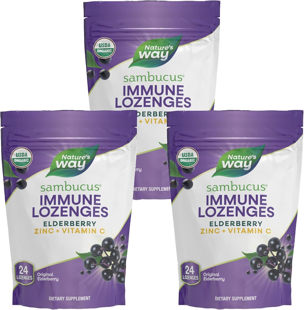 Naturens måte Sambucus Immune Lozenges, Sink + vitamin C, Black Elderberry Extract, USDA Certified Organic, Original Berry Flavored, 24 Lozenges (Packaging May Vary) - 3 Pack