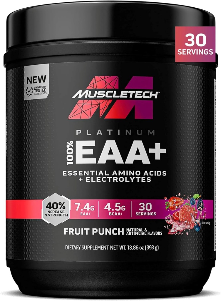 MuscleTech Platinum Essential Aminosyrer Supplement med elektrolytter, fruktpunch - Pre-Workout pulver for energi, muskelvekst og styrkebygger - EAA Complex for menn og kvinner - 30 Services