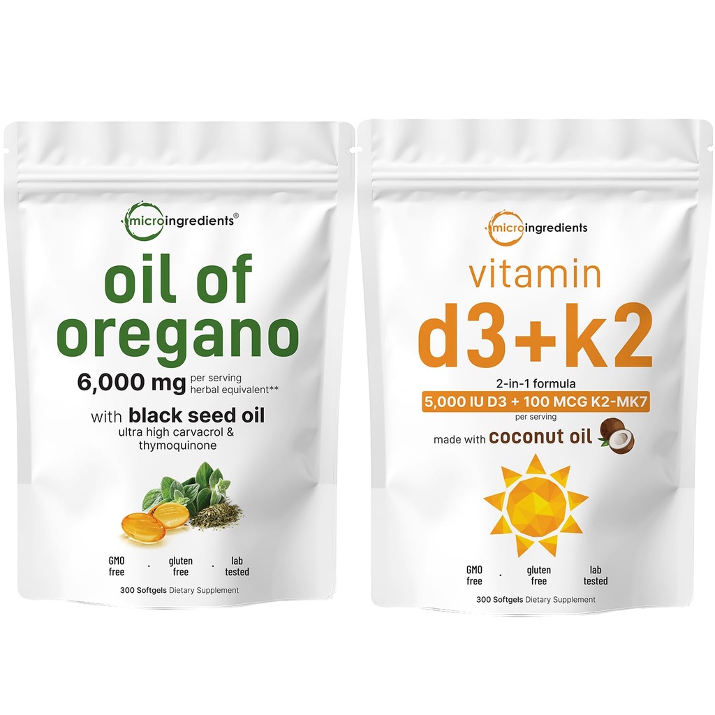 Mikroingredienser Olje av Oregano Softgels 6.000mg Per Serving & vitamin D3 5000 IU Plus K2 (MK-7) 100mg, 300 Jomfru Coconut Oil Softgels Bundle Pack ® 4X Styrke Carvacrol & Thymoquinon ® Essential