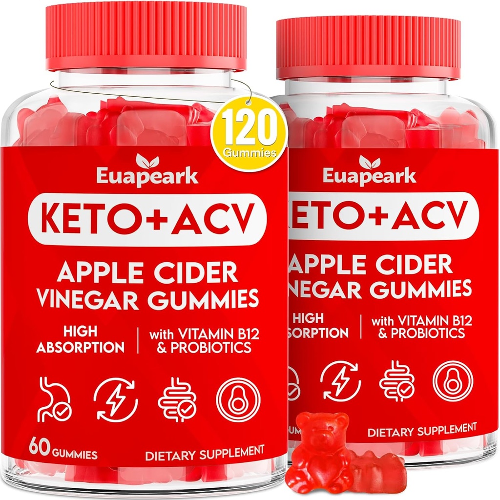 Apple Cider Vinegar Gummies, Keto ACV Gummies med probiotika, vitamin B12 & keto støtte, 2000 mg ACV med mor for dialyse, metabolisme, rensing og detox diett, vegansk, lav sukker, 120 greve