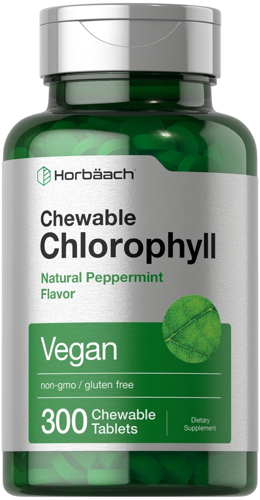 Horbäach Klorofyll piller | 300 Chewable tabletter | Naturlig Peppermynte Flavor | Vegansk, ikke-GMO & Glutenfri Supplement