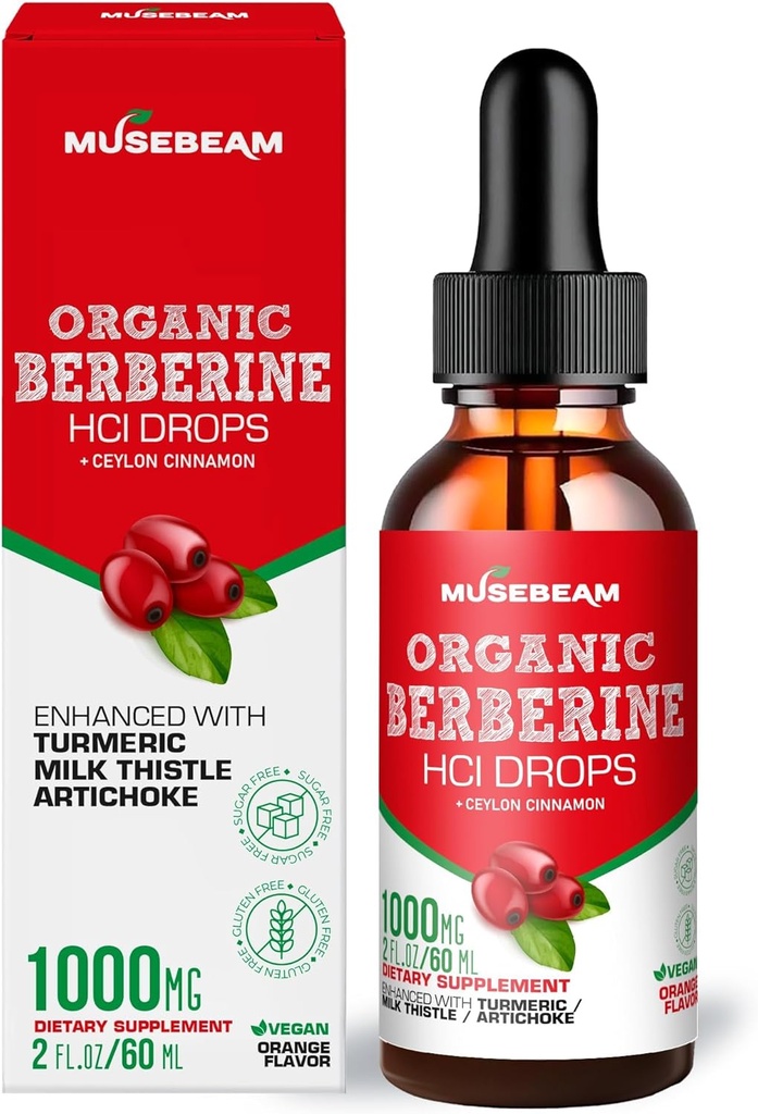 Organisk Berberine HCl 1000mg flytende dråper - med Ceylon Cinnamon Turmeric Melk Thistle Artichoke - høy biotilgjengelighet Supplement for menn kvinner - Vegan sukker gratis Glutenfri 2fl. oz (60ml)