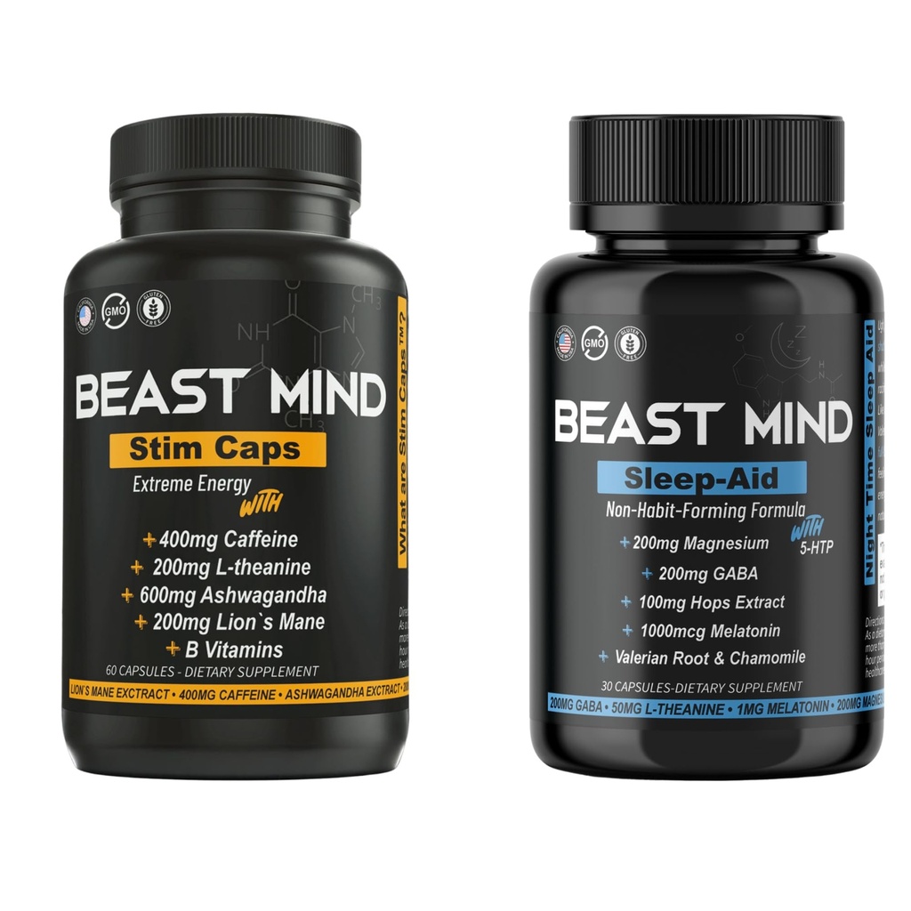 Dag & natt energi med søvnhjelp Bundle | 400mg Koffein | 600mg Ashwagandha | 200mg Lions Mane | Økt energi & fokus & Mood søvnhjelp med GABA, Valerisk rot, Kamille, Melatonin, Magnesium