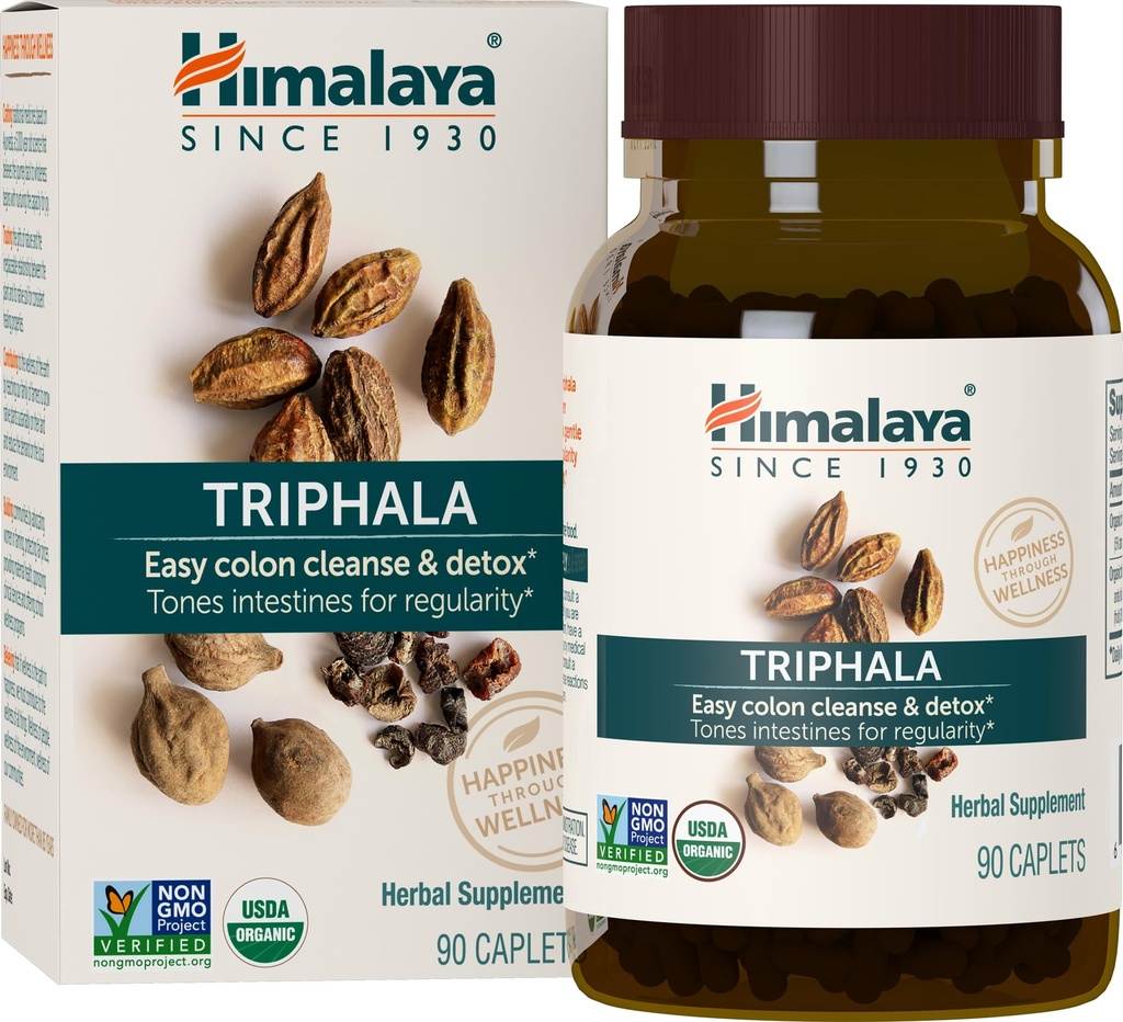 Himalaya Organic Triphala, 90 dagers forsyning - Digestive helsetilskudd for Colon rengjøring og anledninger Bloating and Pensum Relief - USDA Organic, Vegansk, Ikke-GMO, Glutenfri, 688 mg, 90 kapell